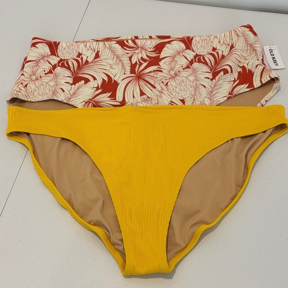 SET OF TWO BRAND NEW bikini bottoms 2X yellow ribbed low rise tropical high rise
